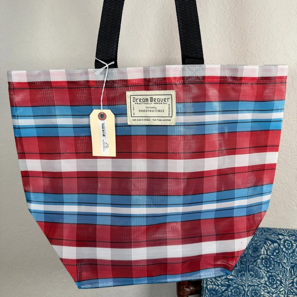 Dream Weaver‎ Bodega Market Bag Red Blue Plaid Woven Mesh Tote Fair Trade NWT